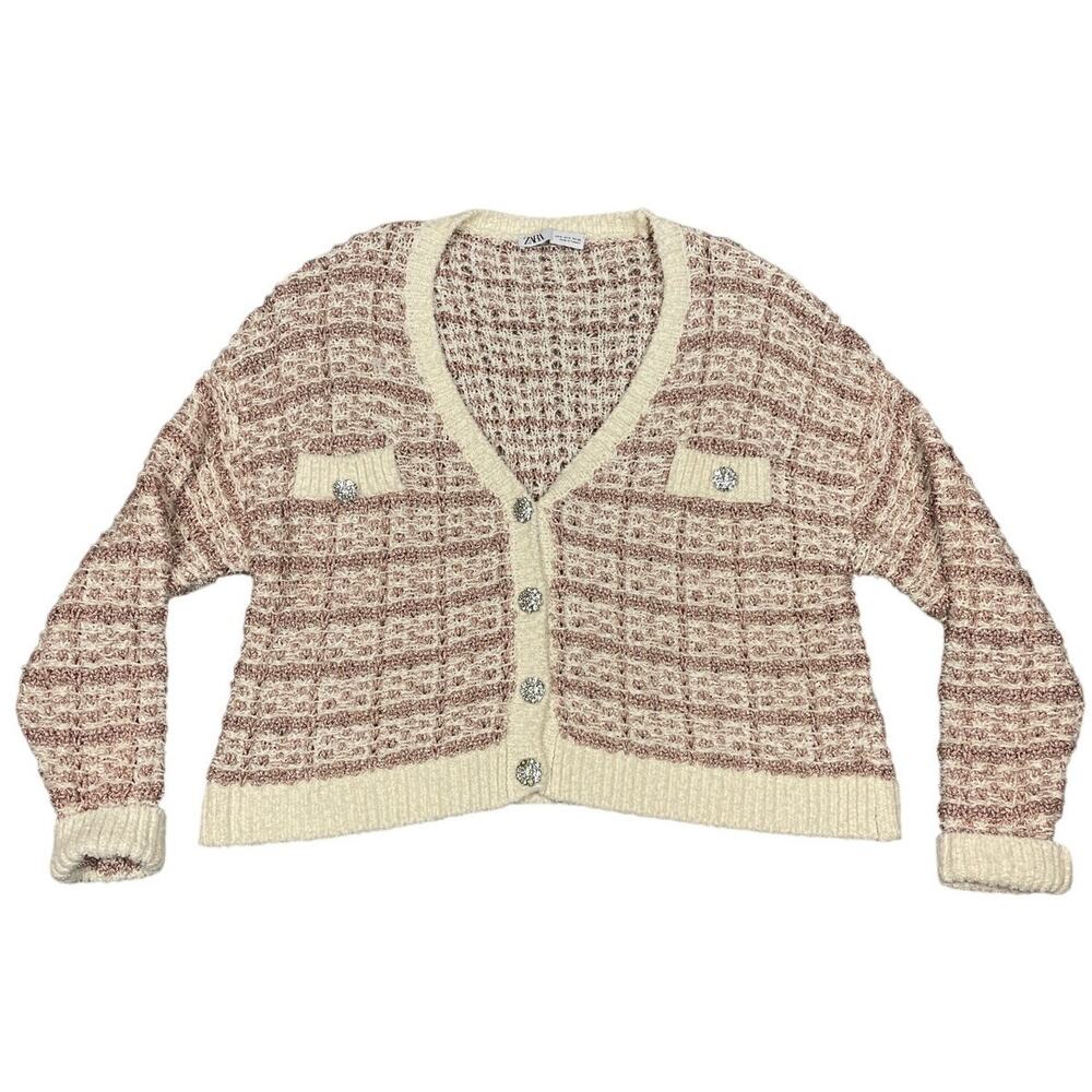 Zara Womens Size S Gem Glittery Pink White Preppy Knit Cardigan Sweater